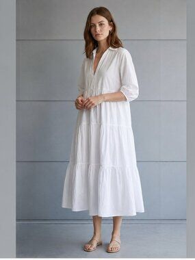 Zara 100% Cotton Poplin Tiered Flounced Midi Dress White Size Medium